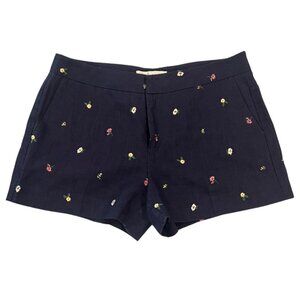 Joie Navy Blue Floral Embroidered Linen Summer Shorts Natural Fiber Size 6